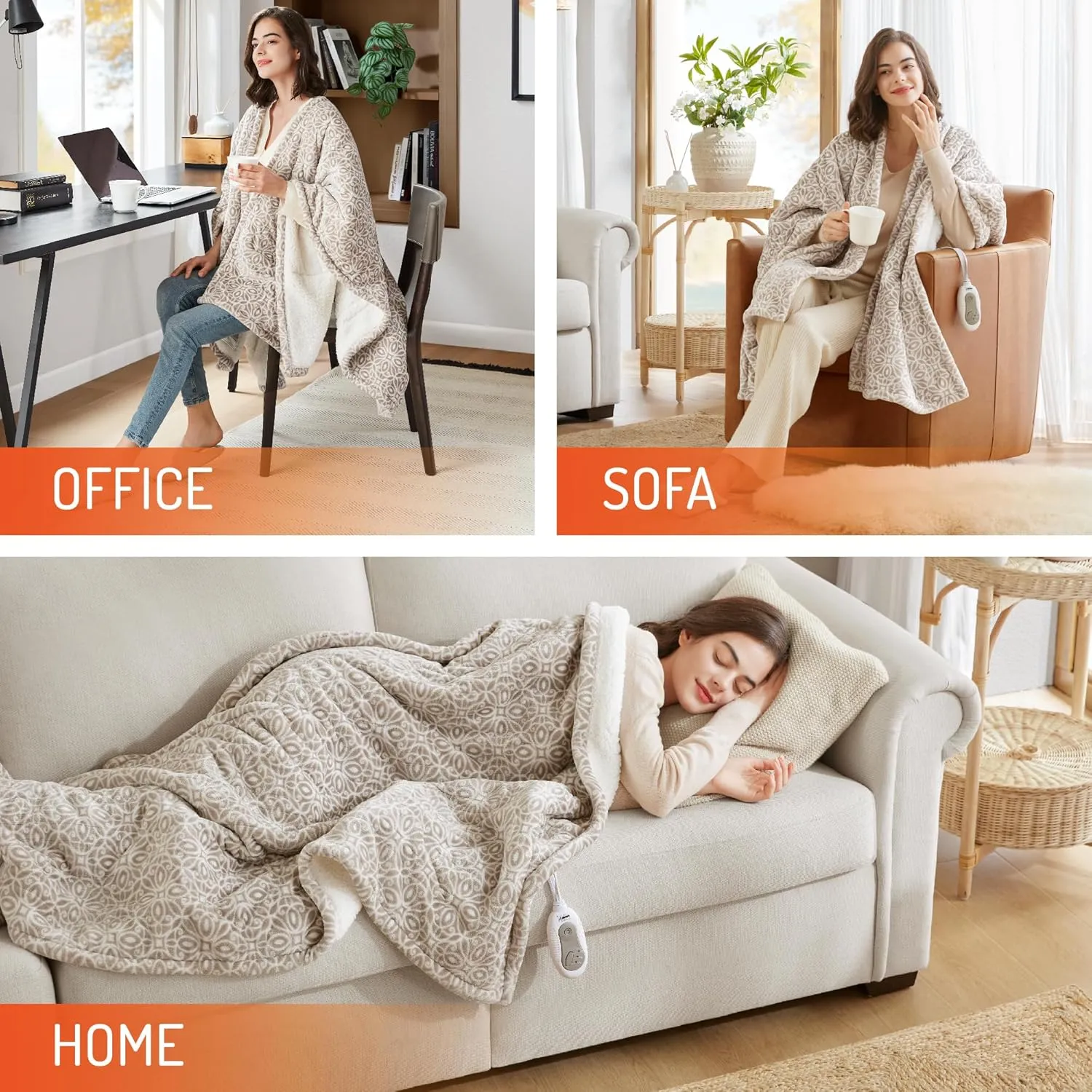 Degrees of Comfort Heated Sherpa Wrap Shawl, Cozy Winter Electric Blanket Throw, Christmas Gift Snuggie for Grandma Mom Women, Washable, Auto Shut-Off, Reversible 50 x 64 Inch, Grey Lattice