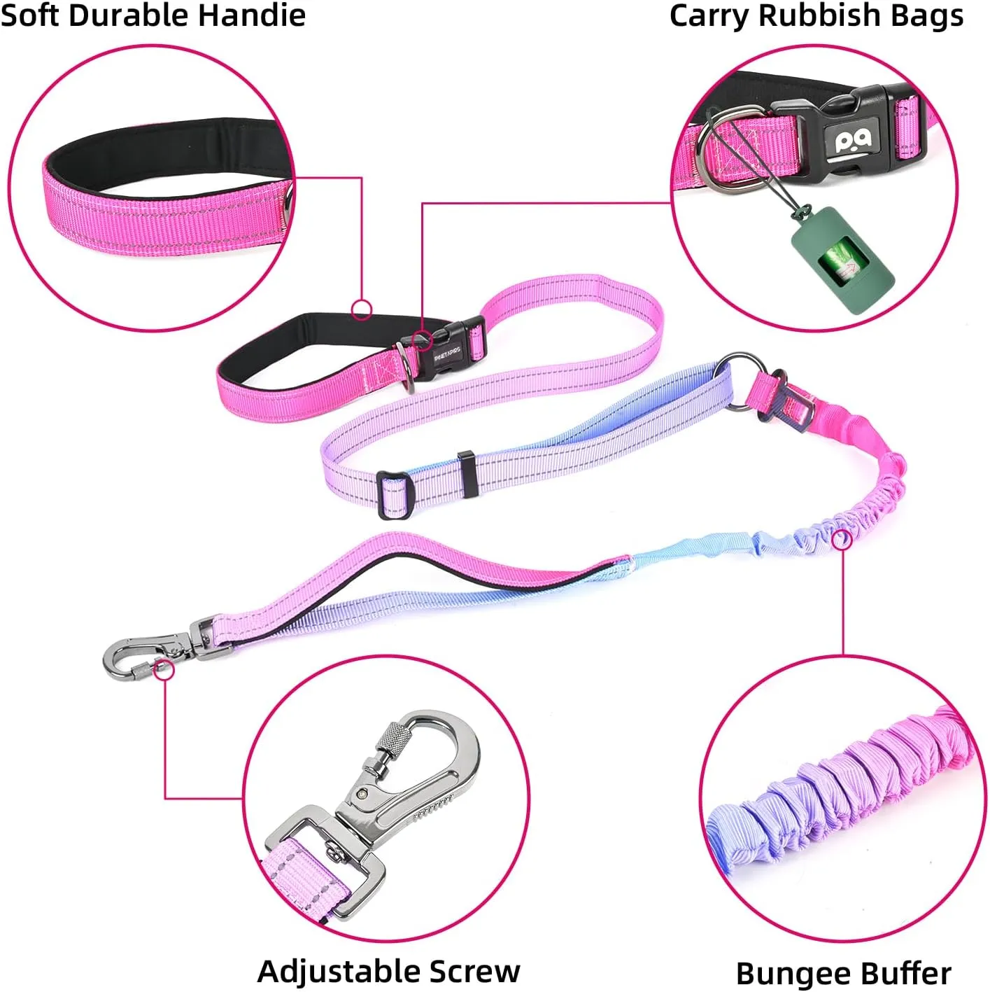 Dog Leash Running with Reflective, Heavy Duty Bungee Dog Leash Waist Hands Free for Large Small Medium Dogs, Cross Body 4-in-1 Car Seatbelt for Walking and Training