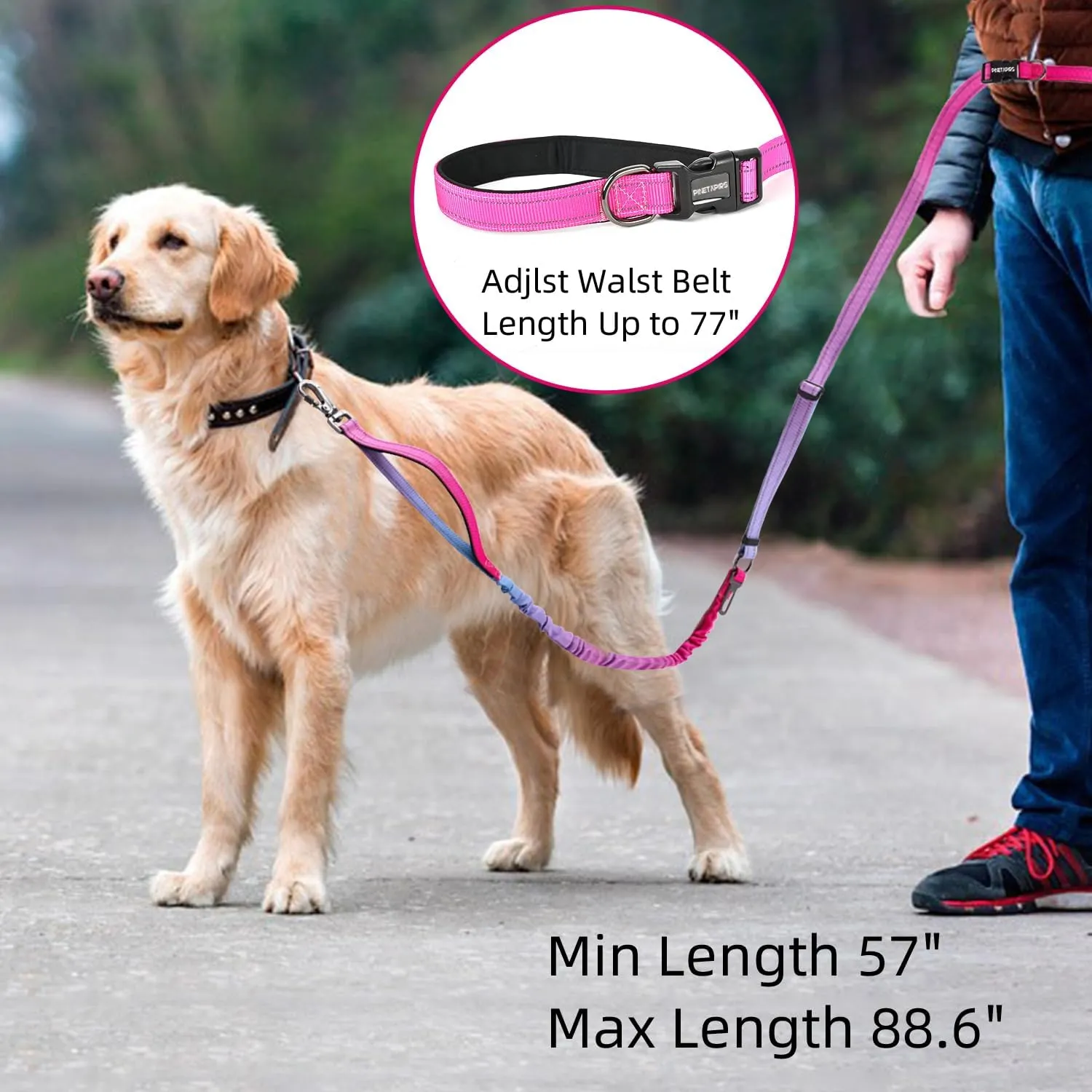 Dog Leash Running with Reflective, Heavy Duty Bungee Dog Leash Waist Hands Free for Large Small Medium Dogs, Cross Body 4-in-1 Car Seatbelt for Walking and Training