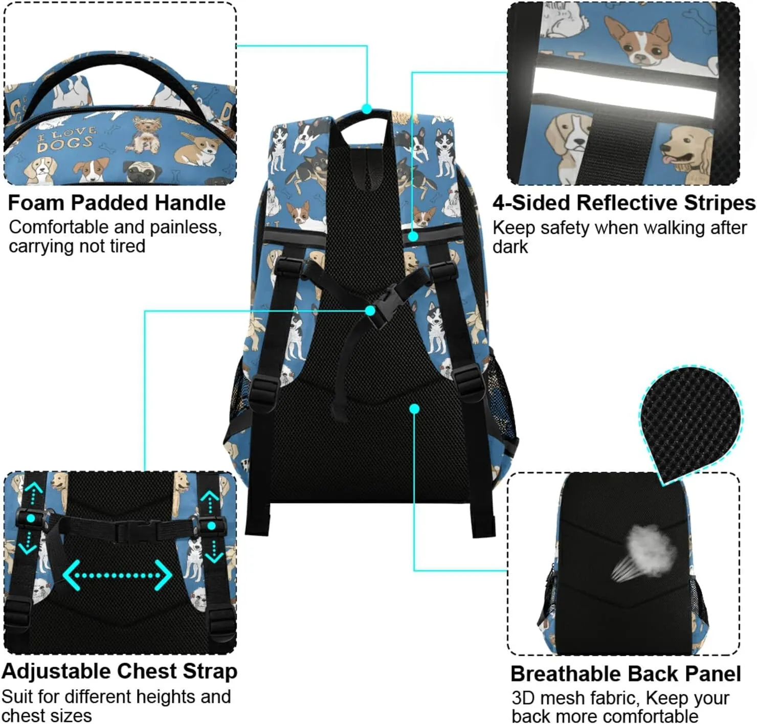 Dogs Backpack for Boys Girls Bookbag with Chest Strap for Students Elementary School Laptop Daypack Rucksack for Teens Travel