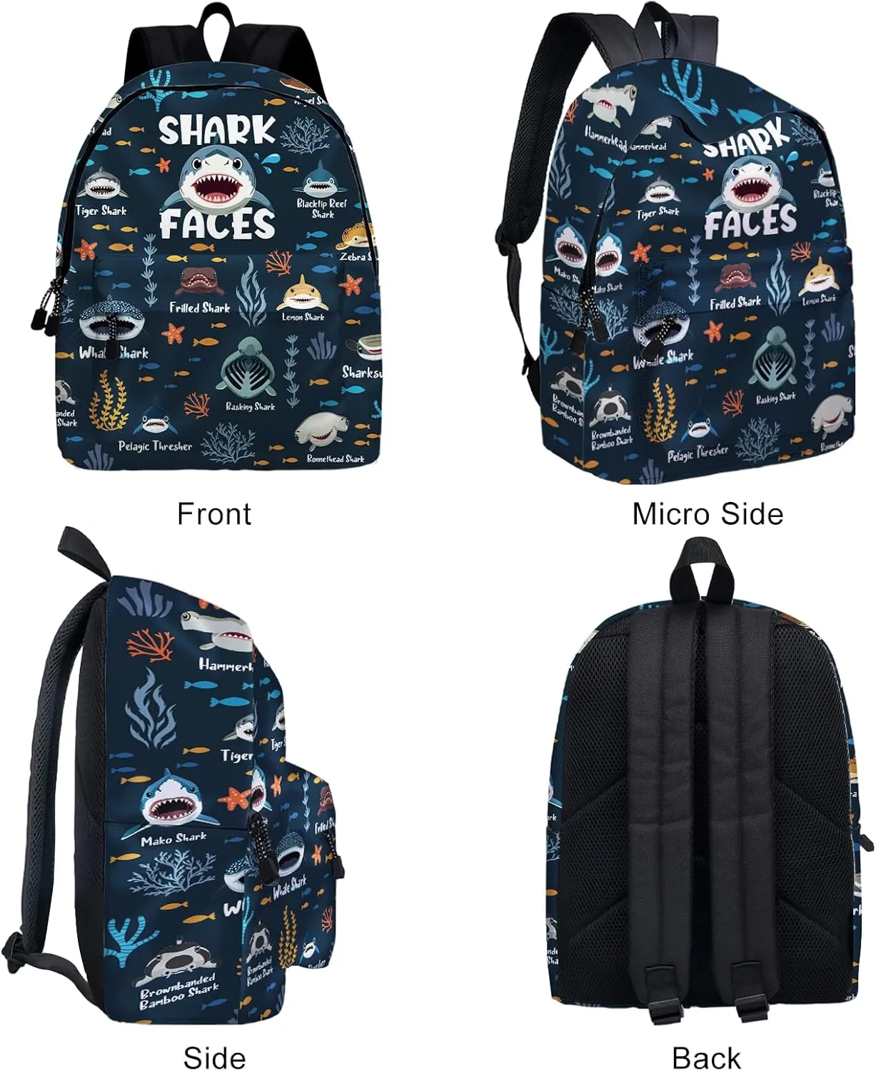 Funny Shark Faces School Backpack for Boys Girls, Shark Backpack for School Kids Bookbag, 16 Inch Ocean Animals Theme Laptop Back Pack for Travel Hiking Camping