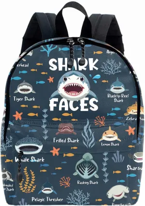 Funny Shark Faces School Backpack for Boys Girls, Shark Backpack for School Kids Bookbag, 16 Inch Ocean Animals Theme Laptop Back Pack for Travel Hiking Camping