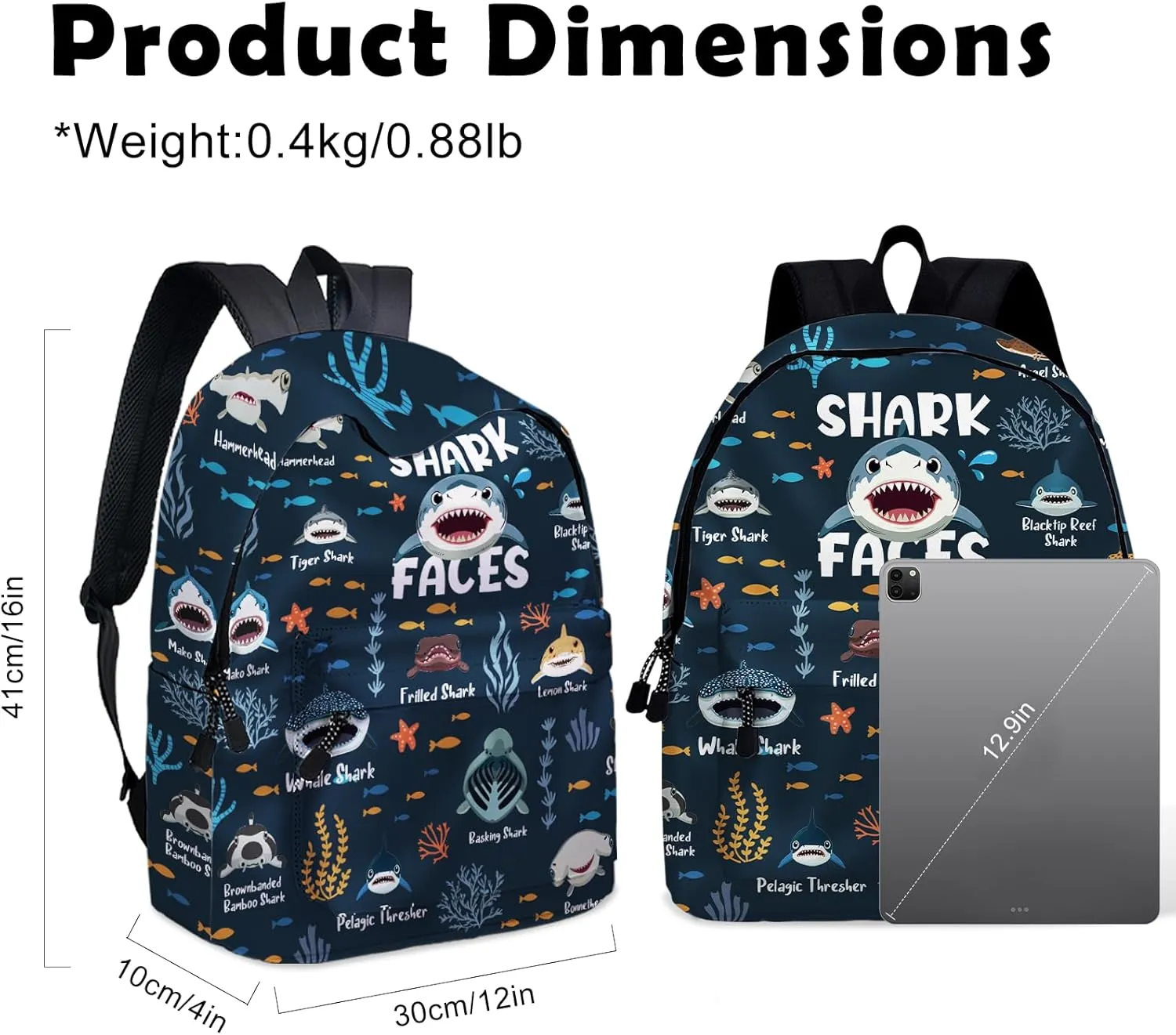Funny Shark Faces School Backpack for Boys Girls, Shark Backpack for School Kids Bookbag, 16 Inch Ocean Animals Theme Laptop Back Pack for Travel Hiking Camping