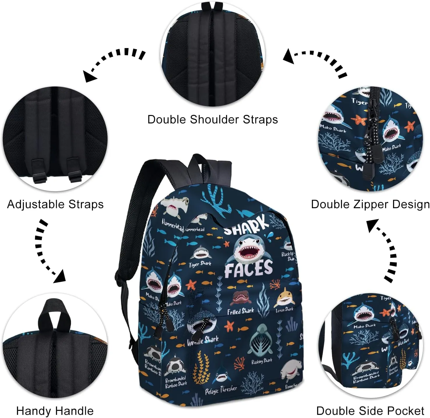 Funny Shark Faces School Backpack for Boys Girls, Shark Backpack for School Kids Bookbag, 16 Inch Ocean Animals Theme Laptop Back Pack for Travel Hiking Camping