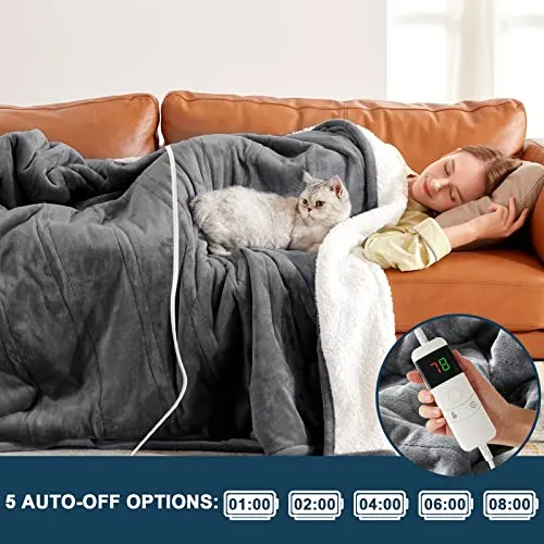 greenoak Heated Electric Throw Blanket, 50“ x 62” Heating Blanket, Thick Soft Warming Plush Electric Lap Blanket Sherpa for Adults with 5-Position Timer &10 Heating Levels (Grey)