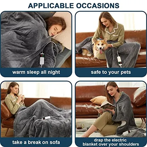 greenoak Heated Electric Throw Blanket, 50“ x 62” Heating Blanket, Thick Soft Warming Plush Electric Lap Blanket Sherpa for Adults with 5-Position Timer &10 Heating Levels (Grey)