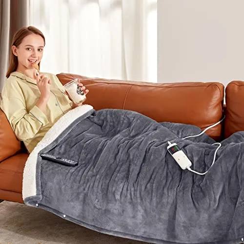 greenoak Heated Electric Throw Blanket, 50“ x 62” Heating Blanket, Thick Soft Warming Plush Electric Lap Blanket Sherpa for Adults with 5-Position Timer &10 Heating Levels (Grey)