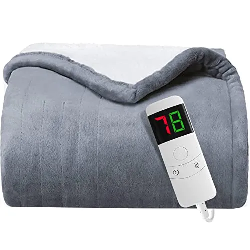 greenoak Heated Electric Throw Blanket, 50“ x 62” Heating Blanket, Thick Soft Warming Plush Electric Lap Blanket Sherpa for Adults with 5-Position Timer &10 Heating Levels (Grey)