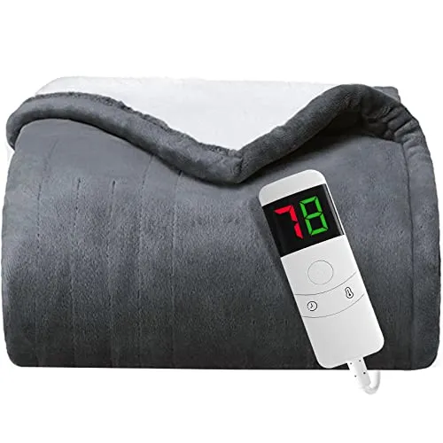 greenoak Heated Electric Throw Blanket, 50“ x 62” Heating Blanket, Thick Soft Warming Plush Electric Lap Blanket Sherpa for Adults with 5-Position Timer &10 Heating Levels (Grey)