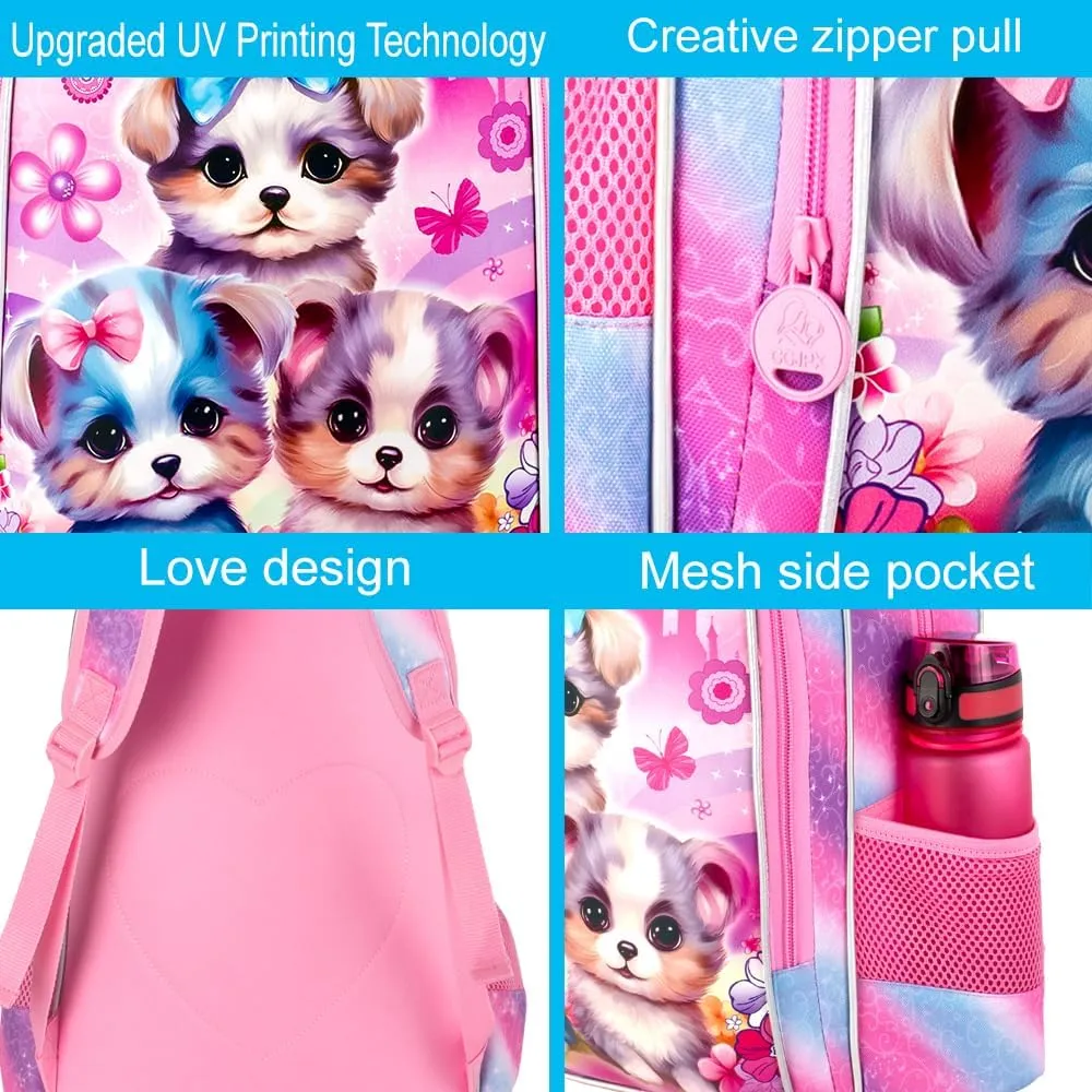 gxtvo 3PCS Girls Dog Bookbag, 16" Kids Backpackwith Lunch Box, Water Resistant School Bag for Elementary Preschool Toddler