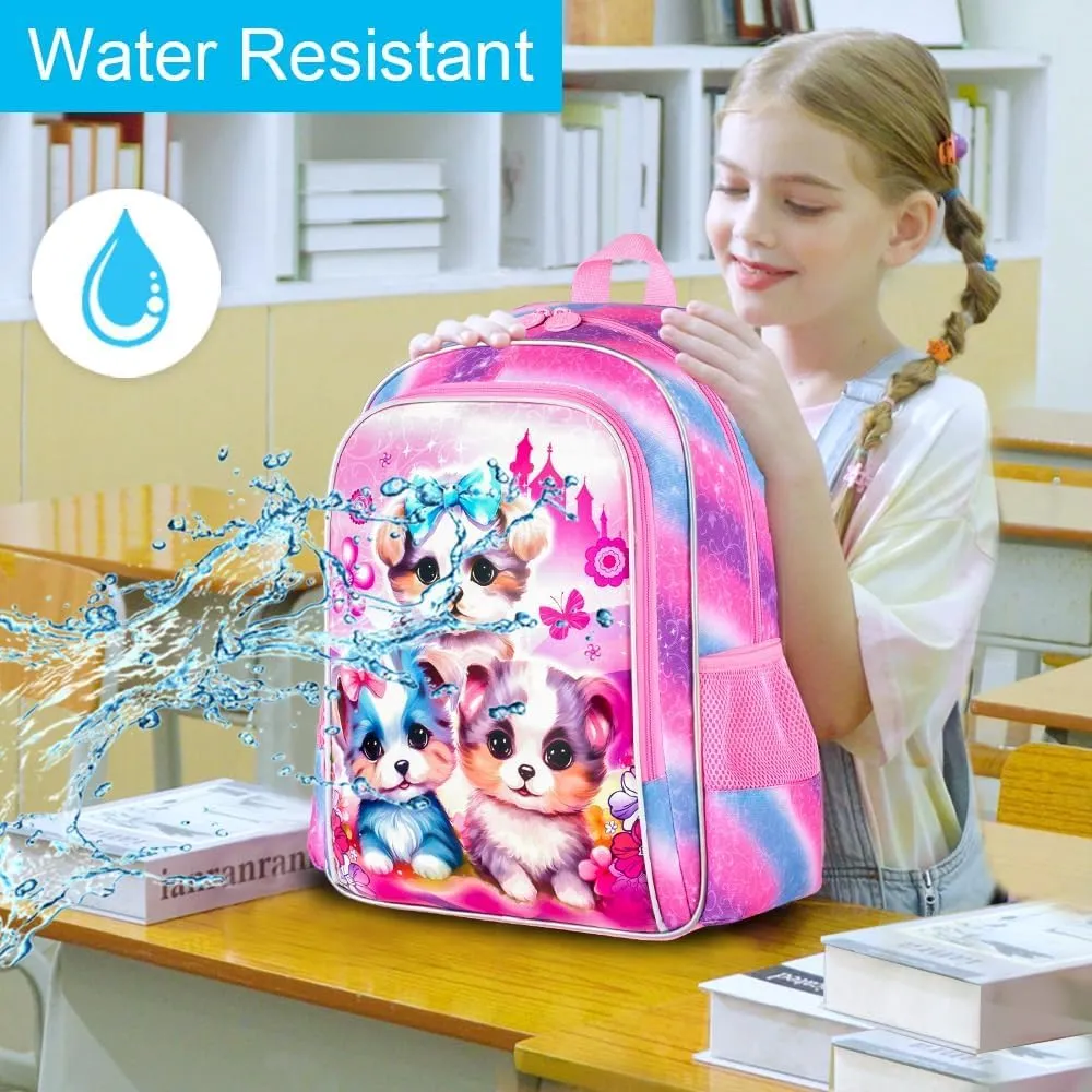 gxtvo 3PCS Girls Dog Bookbag, 16" Kids Backpackwith Lunch Box, Water Resistant School Bag for Elementary Preschool Toddler