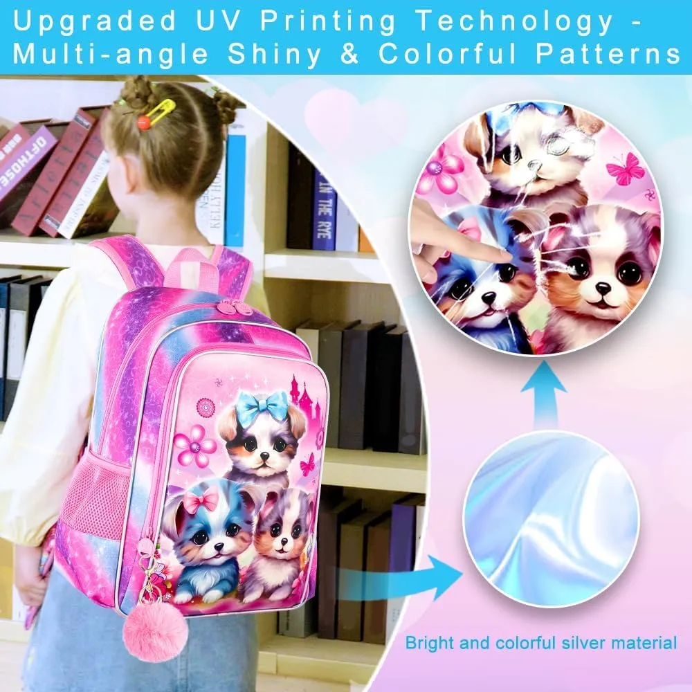 gxtvo 3PCS Girls Dog Bookbag, 16" Kids Backpackwith Lunch Box, Water Resistant School Bag for Elementary Preschool Toddler