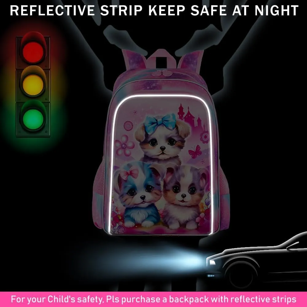 gxtvo 3PCS Girls Dog Bookbag, 16" Kids Backpackwith Lunch Box, Water Resistant School Bag for Elementary Preschool Toddler