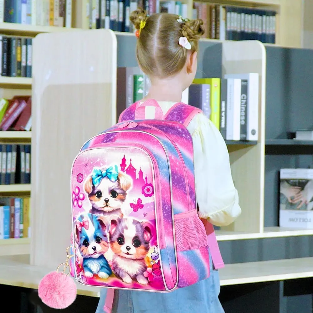 gxtvo 3PCS Girls Dog Bookbag, 16" Kids Backpackwith Lunch Box, Water Resistant School Bag for Elementary Preschool Toddler