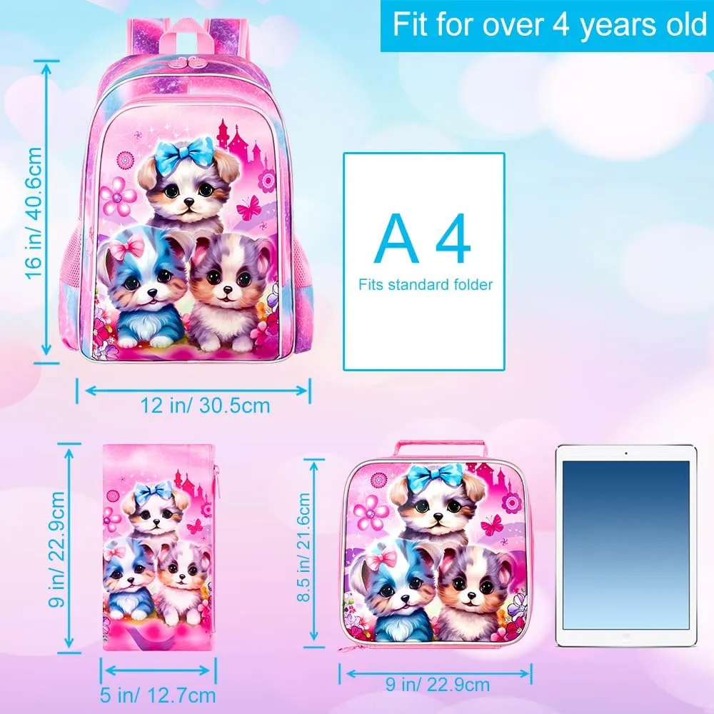 gxtvo 3PCS Girls Dog Bookbag, 16" Kids Backpackwith Lunch Box, Water Resistant School Bag for Elementary Preschool Toddler