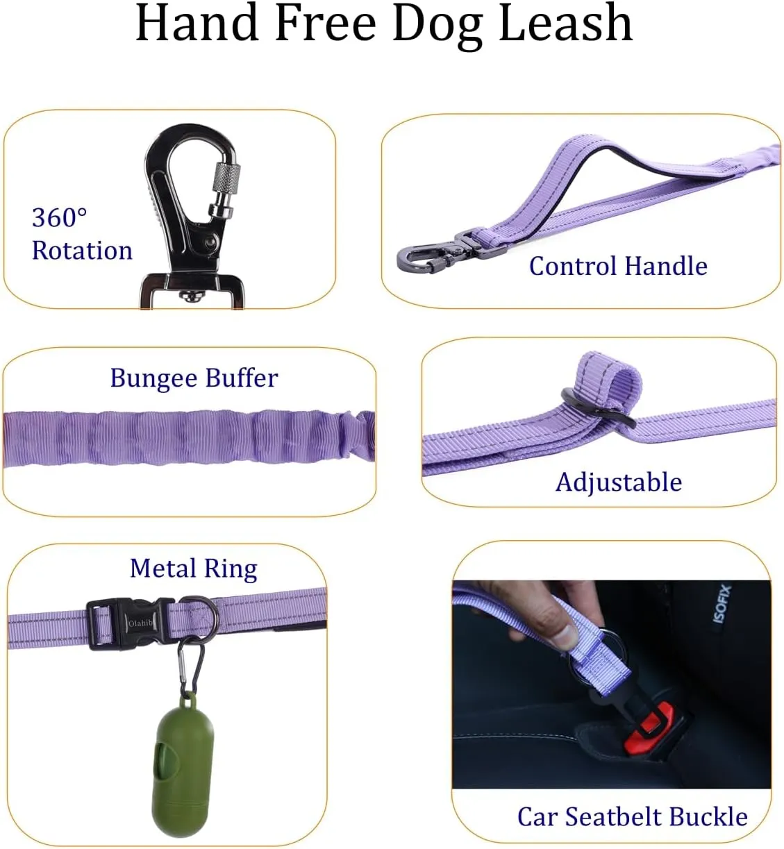 Hands Free Dog Leash, No Pull Bungee Dog Running Waist Leash, with Car Seat Belt, Reflective Stripes, Heavy Duty for Medium and Large Dogs. (Solid Lilac, Large)