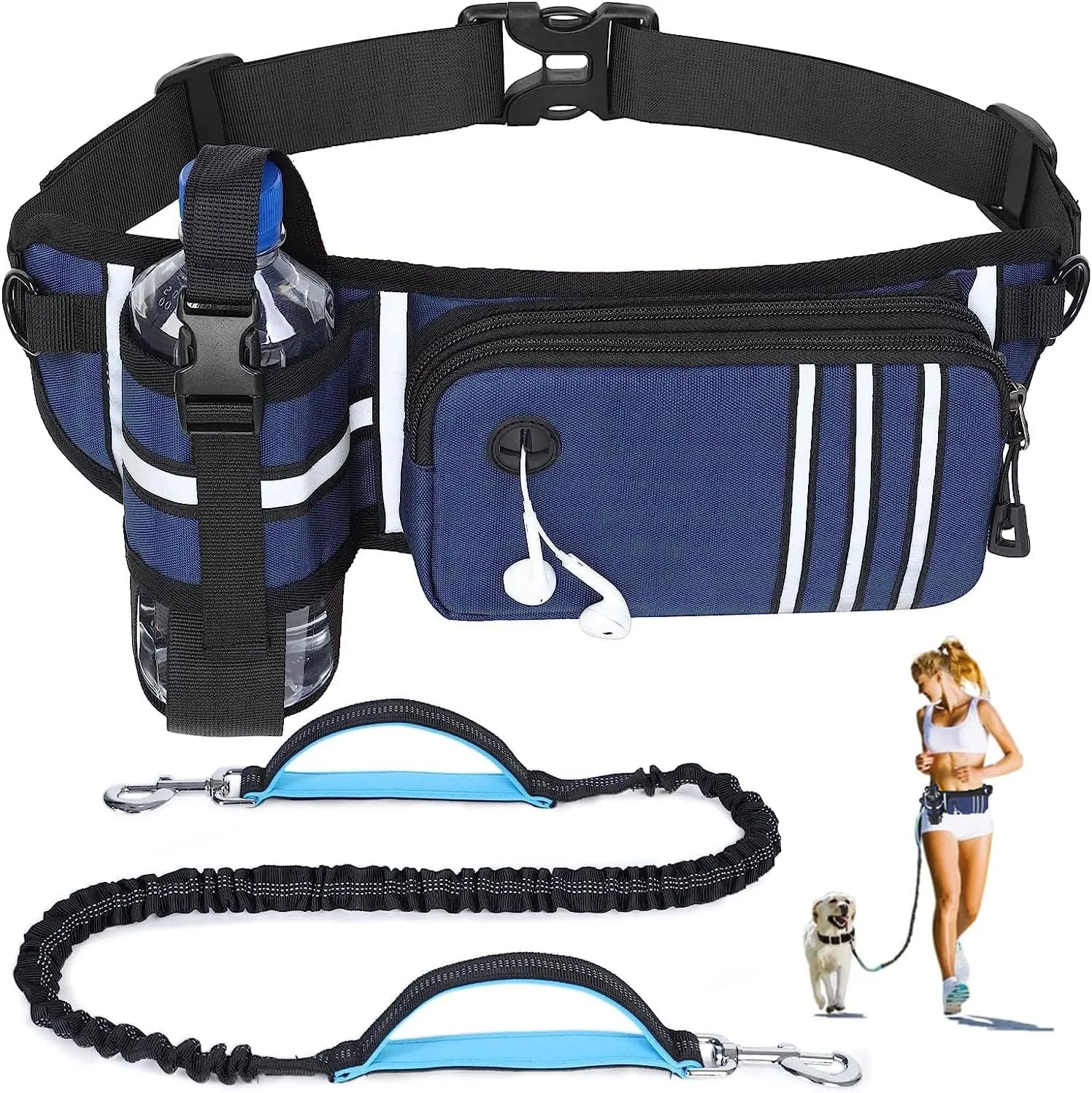 Hands Free Dog Leash with Waist Bag for Medium to Large Dogs, Dual-Handle Reflective Bungee Leash with Poop Bag Dispenser Pouch, Adjustable Waist Belt for Night Walking Jogging Hiking