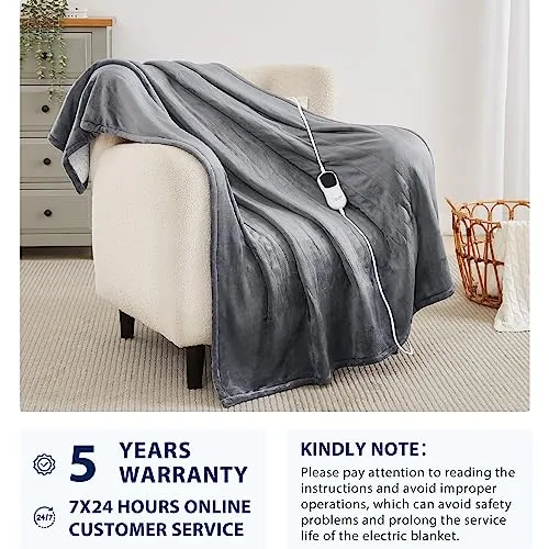 Homemate Heated Blanket Electric Throw - 50"x60" Heating Blanket Throw 1/2/4/6/8 Hours Auto-off 10 Heat Level Heat Blanket Over-heat Protection Flannel Sherpa Heater Blanket Electric ETL Certification