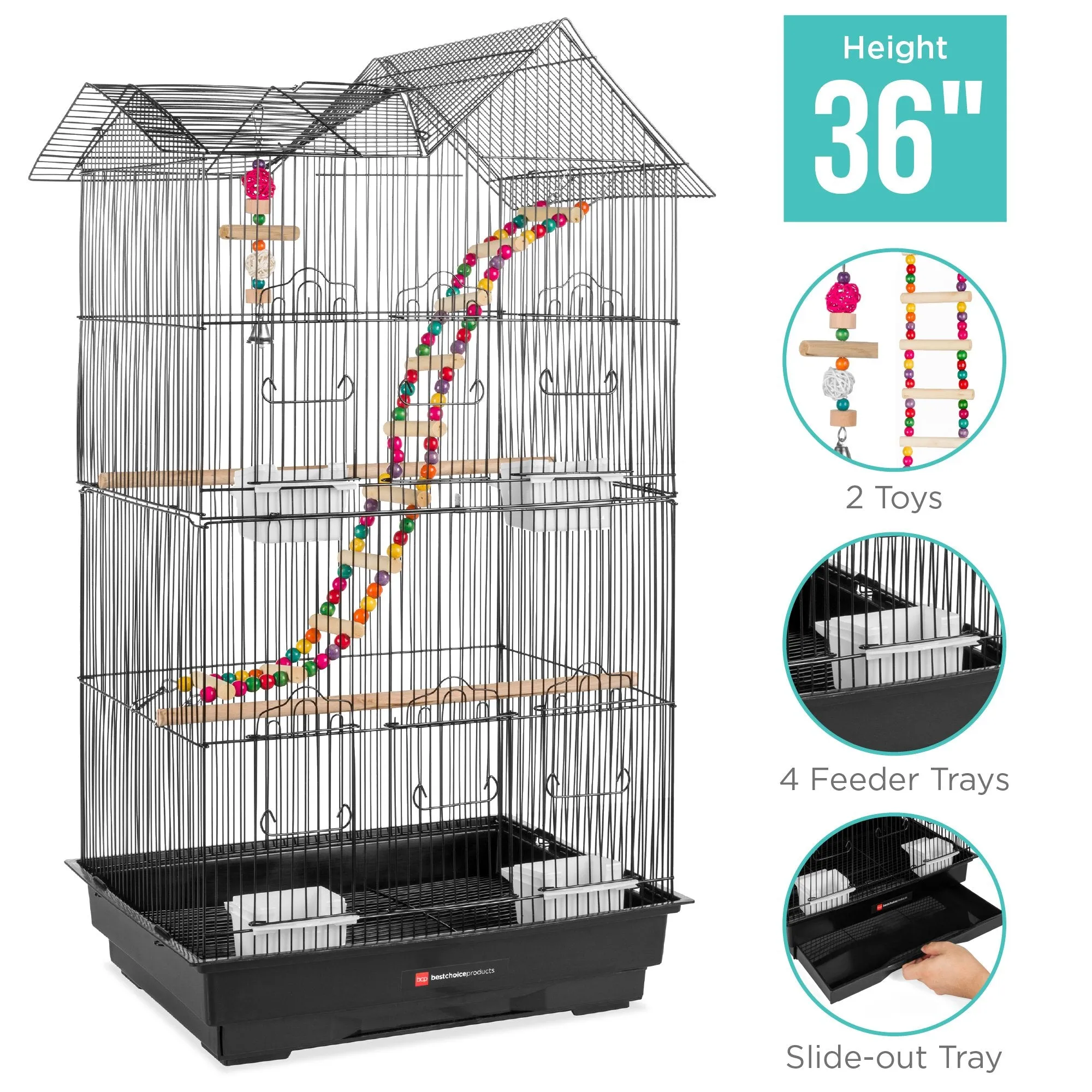 Indoor Outdoor Iron Birdcage w/ Removable Tray, 4 Feeders, 2 Toys - 36in