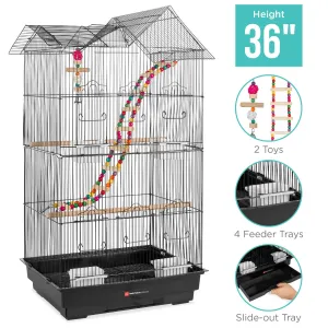 Indoor Outdoor Iron Birdcage w/ Removable Tray, 4 Feeders, 2 Toys - 36in