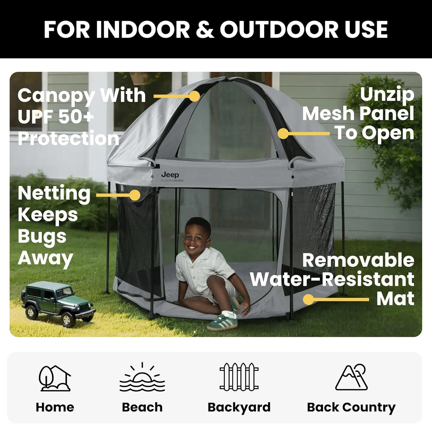 Jeep Hexagon Pop Up Play Yard with Removable Canopy | Ideal for Indoor and Outdoor Use, Grey