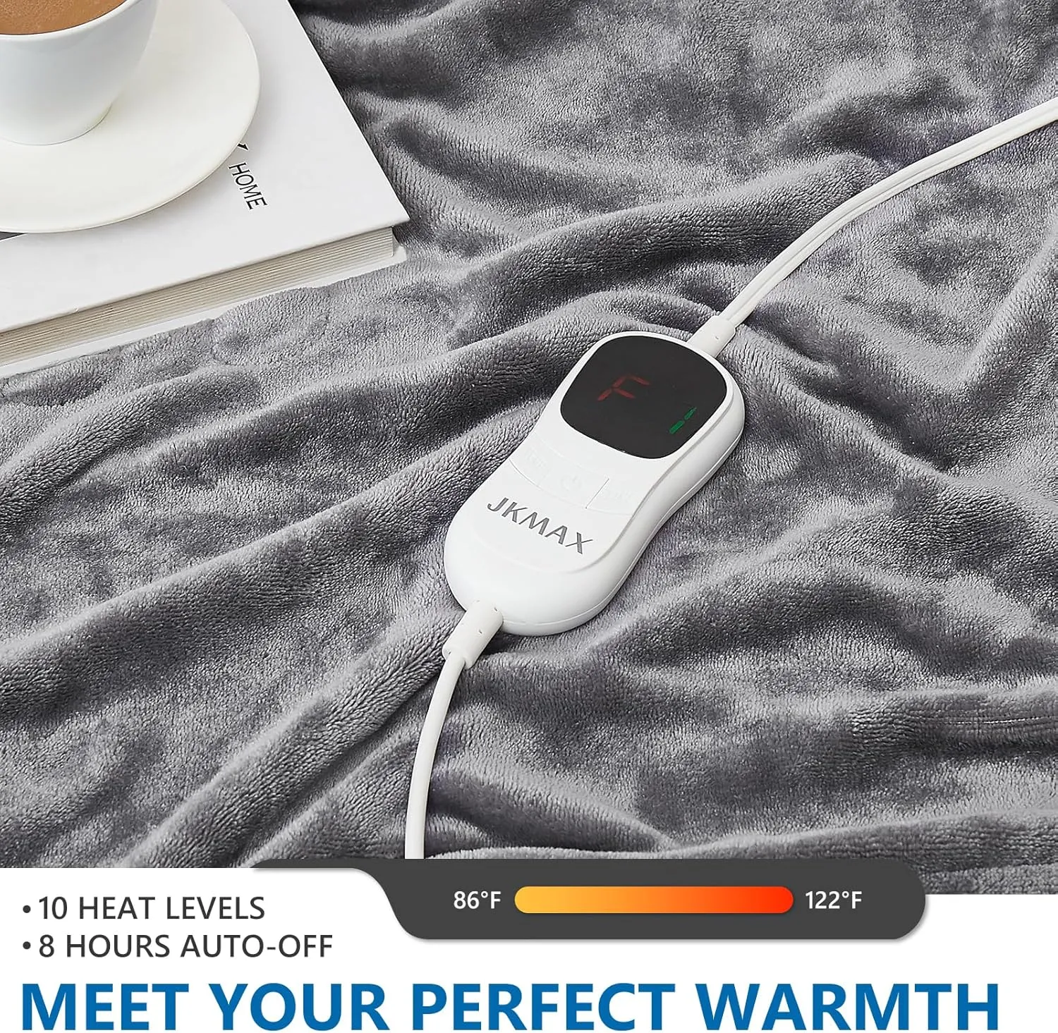 JKMAX Electric Heated Heating Blanket - Heated Bed Blanket 10 Heating Levels 8 Hours Auto Off Fast Heating ETL Certified Electric Blanket with Ultra Soft Overheat Protection Full Size 72" x 84" Grey