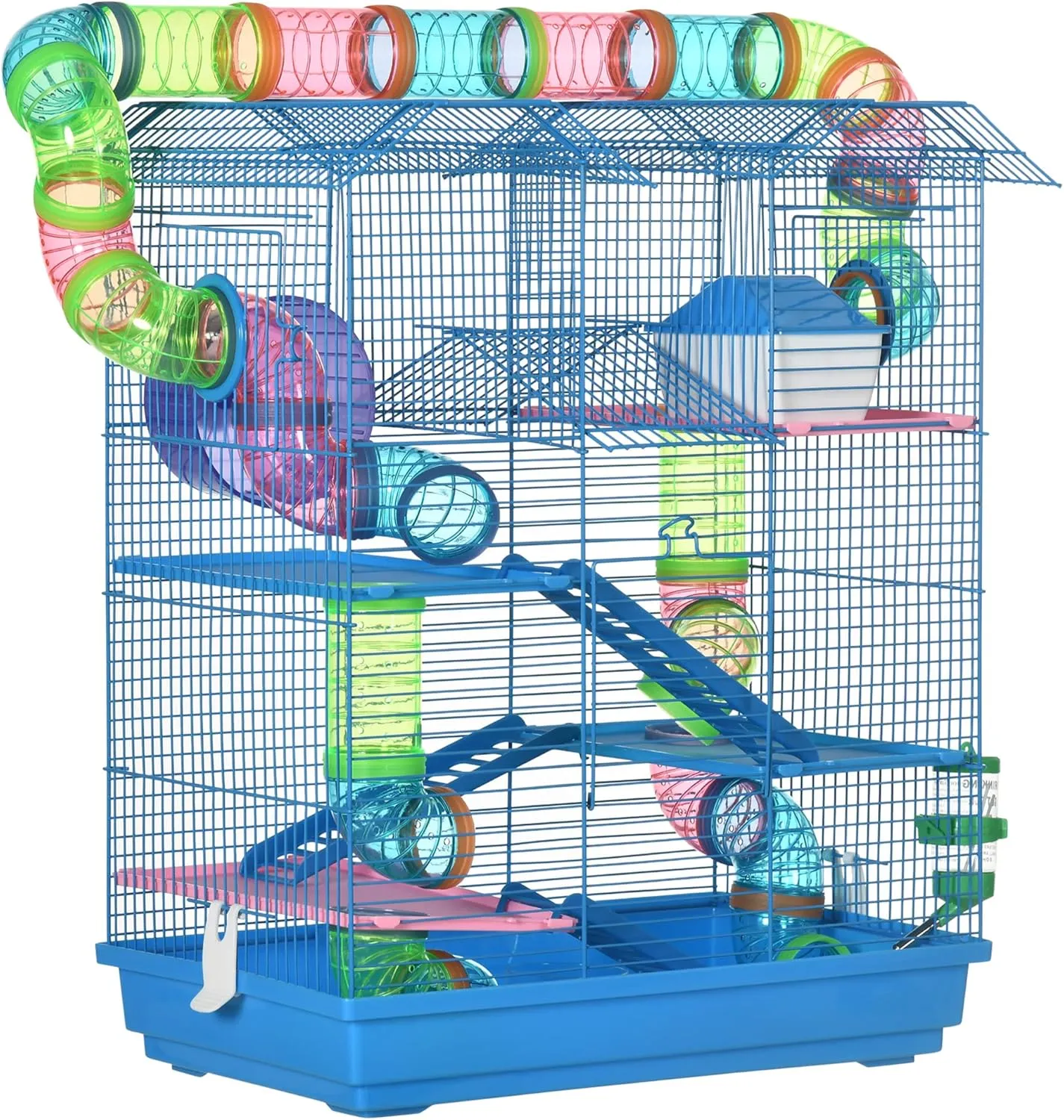 Kaimei 5-Tier Hamster Cage - Multi-Level Small Pet Habitat with Tubes, Exercise Wheel, & Play Tunnels - Blue