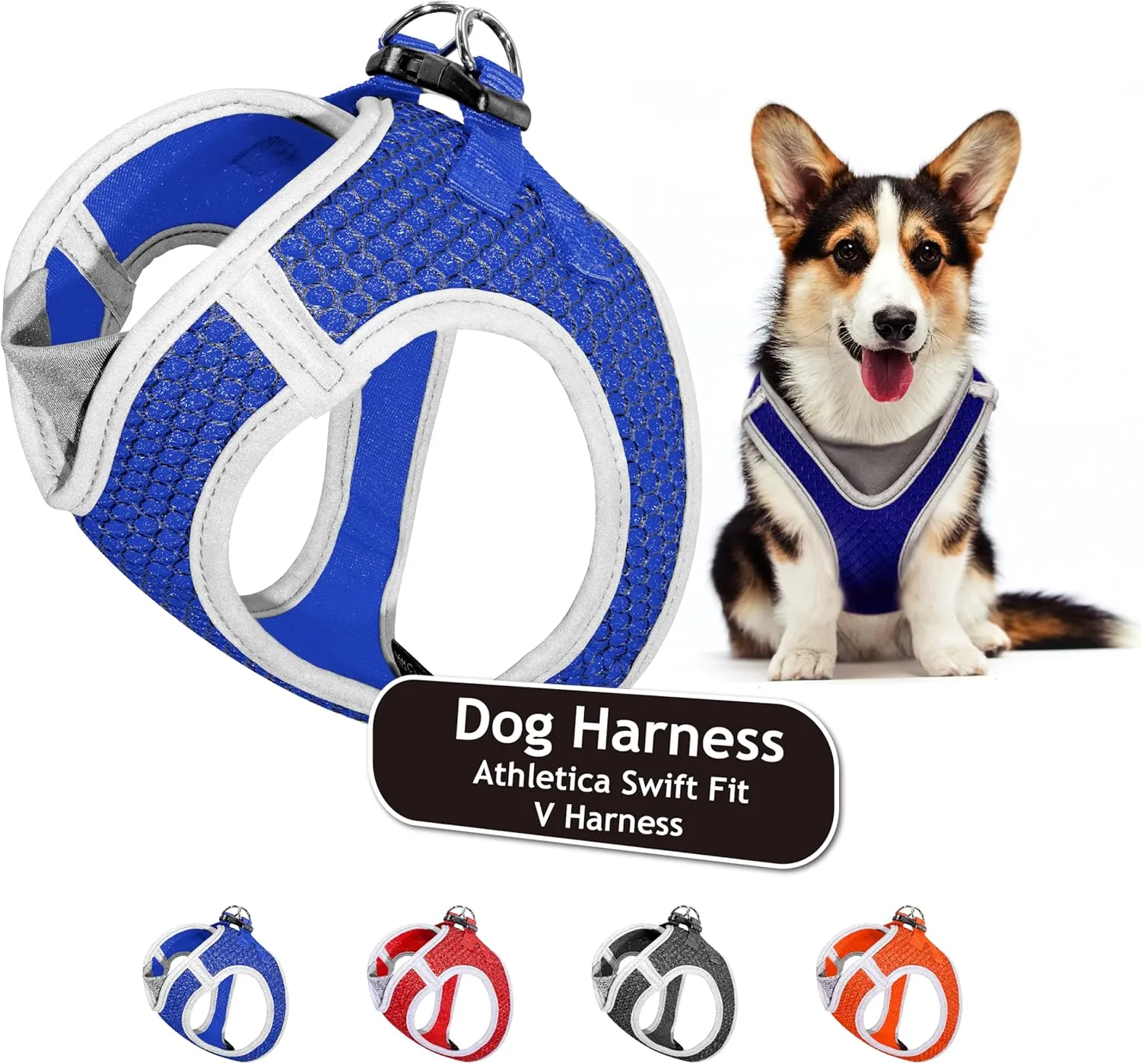 KZA308-02XS Reflective V-Neck Step in Mesh Dog Harness - No Pull, Quick Fit, Comfortable, Velcro-Adjustable Pet Harnesses for Walking & Training - Small, Medium Dogs - Blue,X-Small