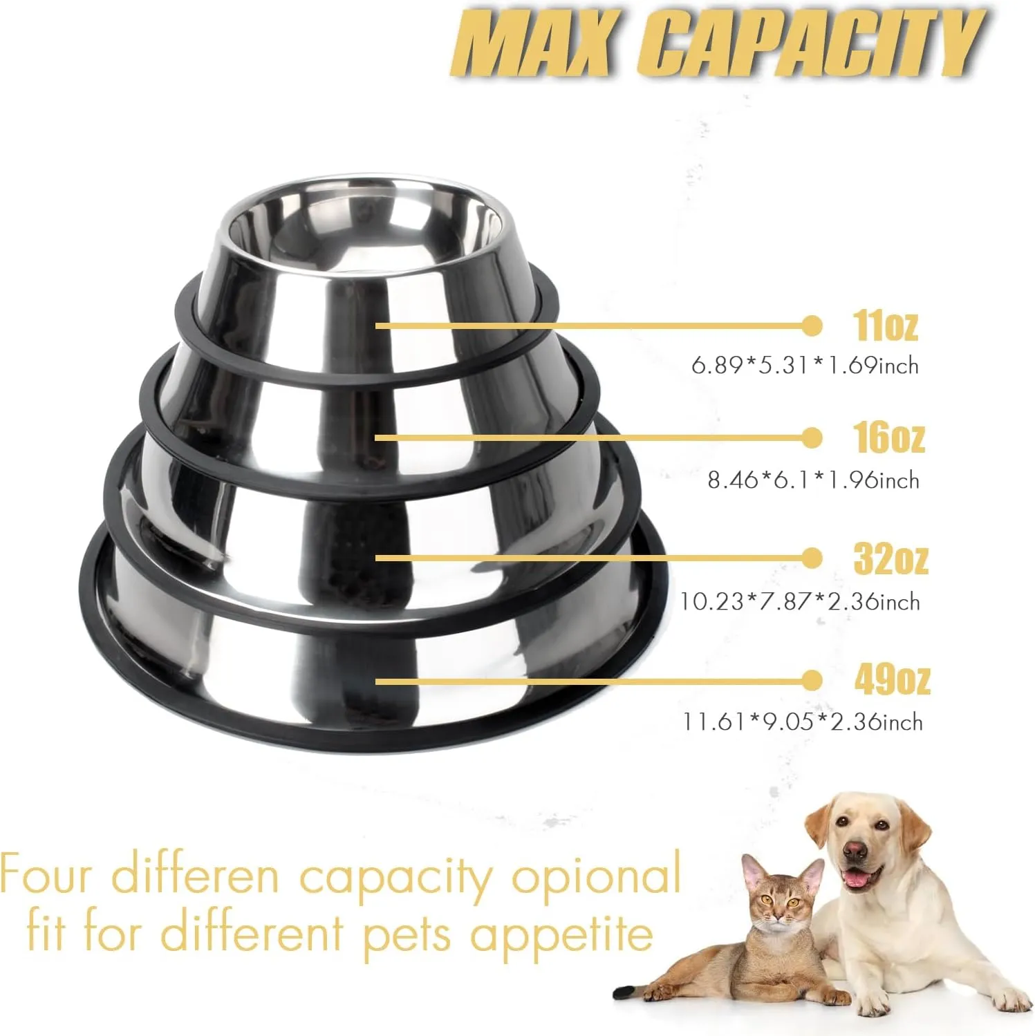 NAJOR Stainless Steel Dog Bowls,2Cup / 16oz Large Dog Food Bowls,Anti-Skid Pet Feeder Bowl and Water Bowl,Perfect Choise for for Dogs and Cats and More,Set of 4