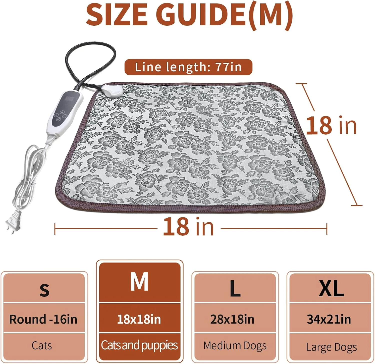 Pet Heating Pad 18x18 in Cat Heating Pads for Cats Waterproof Smart Thermostat Switch, Adjustable Heated Cat Bed, Adding Wire Rope Wires Cat Warming Pad-Rose