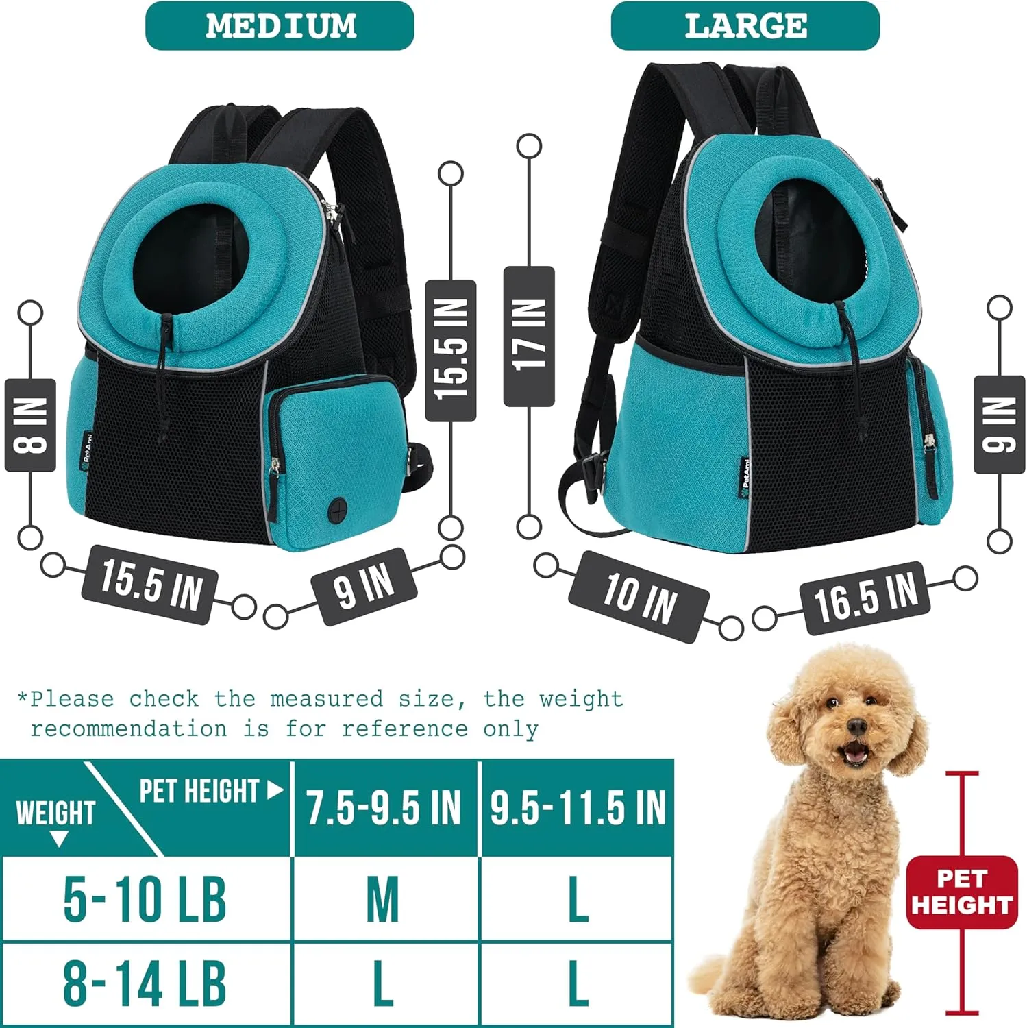PetAmi Front Carrier Backpack, Ventilated Adjustable Pet Chest Carrier for Dog Cat, Hiking Camping Travel, Small Puppy Medium Cat Carrying Bag, Max 14 lb, Sea Blue