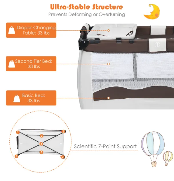 Portable Infant Baby 3 in 1 Crib-Playpen-Bassinet Bed in Coffee Color and Tan