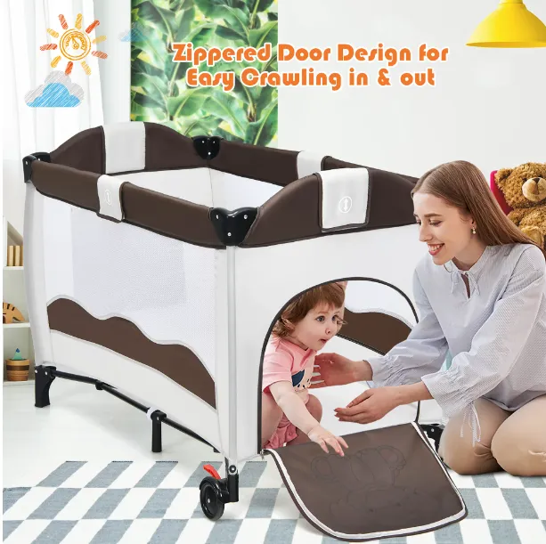 Portable Infant Baby 3 in 1 Crib-Playpen-Bassinet Bed in Coffee Color and Tan