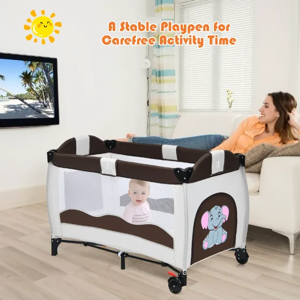 Portable Infant Baby 3 in 1 Crib-Playpen-Bassinet Bed in Coffee Color and Tan