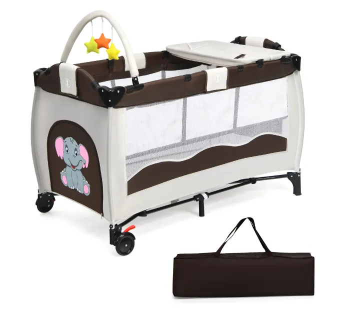 Portable Infant Baby 3 in 1 Crib-Playpen-Bassinet Bed in Coffee Color and Tan