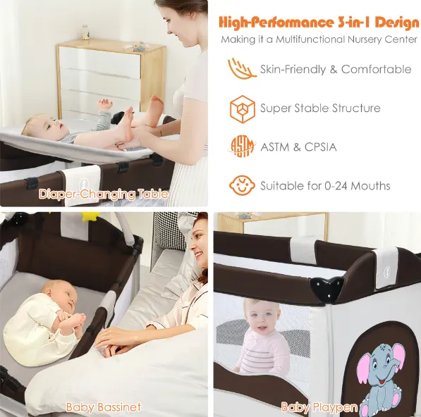 Portable Infant Baby 3 in 1 Crib-Playpen-Bassinet Bed in Coffee Color and Tan