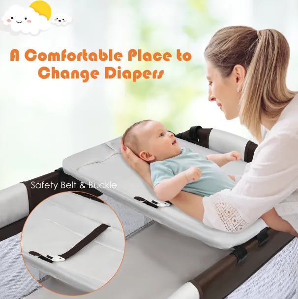 Portable Infant Baby 3 in 1 Crib-Playpen-Bassinet Bed in Coffee Color and Tan
