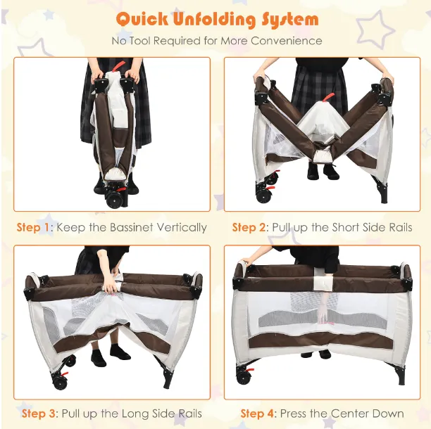 Portable Infant Baby 3 in 1 Crib-Playpen-Bassinet Bed in Coffee Color and Tan