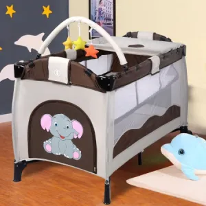 Portable Infant Baby 3 in 1 Crib-Playpen-Bassinet Bed in Coffee Color and Tan