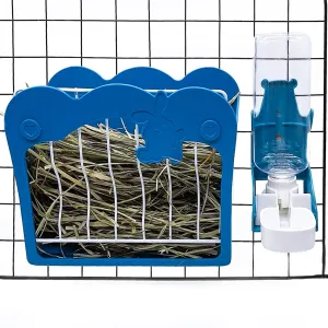 Rabbit Hay Feeder Rack,500 ml Hanging Gravity Water Dispenser,Guinea Pig Food Manger Bunny Water Bottle Set for Rabbit Bunny Guinea Pig Chinchilla(Blue)