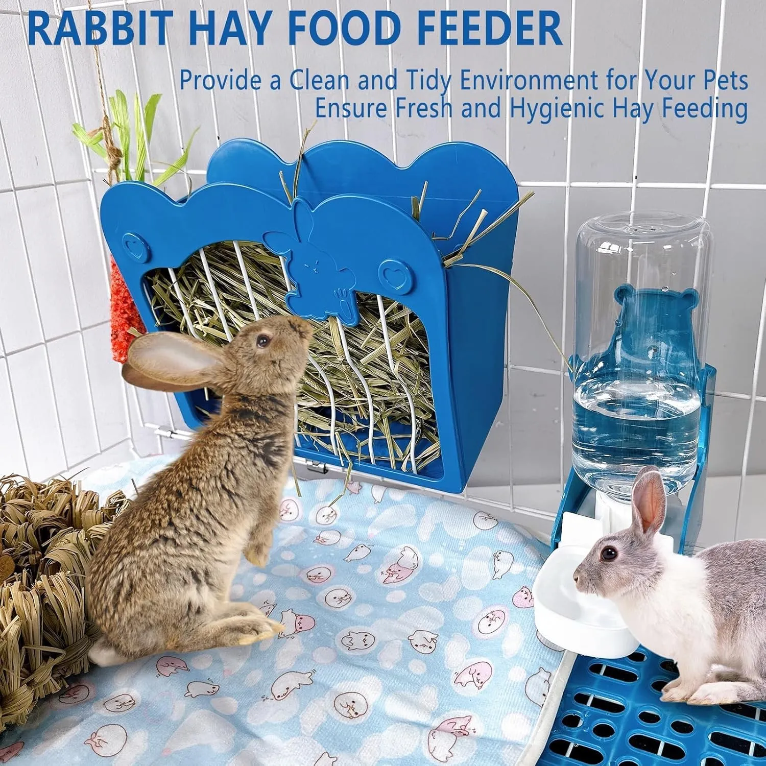 Rabbit Hay Feeder Rack,500 ml Hanging Gravity Water Dispenser,Guinea Pig Food Manger Bunny Water Bottle Set for Rabbit Bunny Guinea Pig Chinchilla(Blue)