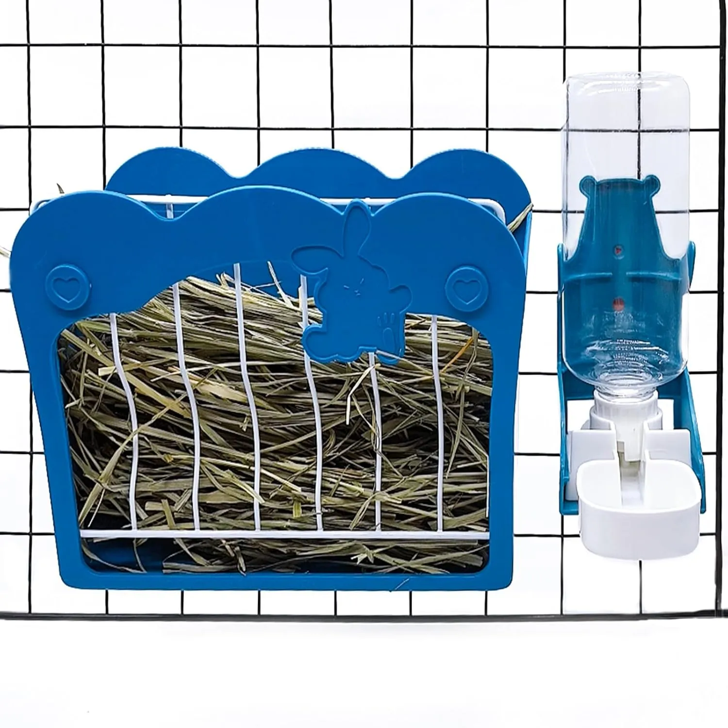 Rabbit Hay Feeder Rack,500 ml Hanging Gravity Water Dispenser,Guinea Pig Food Manger Bunny Water Bottle Set for Rabbit Bunny Guinea Pig Chinchilla(Blue)