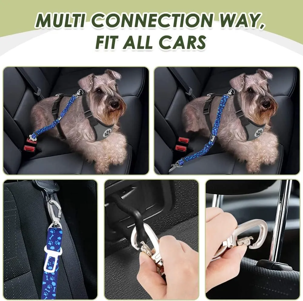 SlowTon Dog Seatbelt, 2 Pack Dog Seat Belt Car Leash Adjustable Elastic Bungee Buffer Heavy Duty Nylon Reflective Pet Safety Tether Connect to Dog Harness for Travel Riding in Vehicle (Daul Clip, BL)