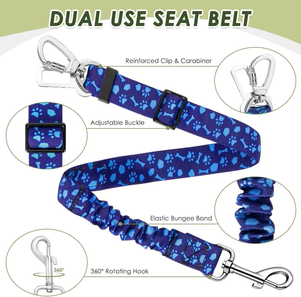 SlowTon Dog Seatbelt, 2 Pack Dog Seat Belt Car Leash Adjustable Elastic Bungee Buffer Heavy Duty Nylon Reflective Pet Safety Tether Connect to Dog Harness for Travel Riding in Vehicle (Daul Clip, BL)