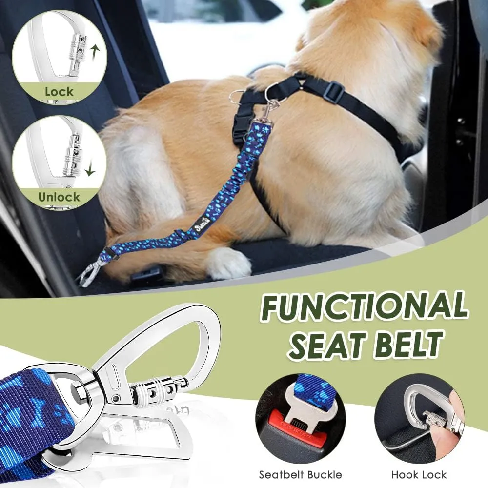 SlowTon Dog Seatbelt, 2 Pack Dog Seat Belt Car Leash Adjustable Elastic Bungee Buffer Heavy Duty Nylon Reflective Pet Safety Tether Connect to Dog Harness for Travel Riding in Vehicle (Daul Clip, BL)