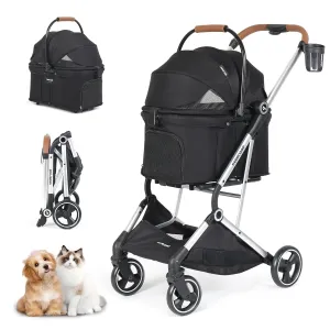 T3 Pro 3 in 1 Small Pet Stroller for Dog & Cats, 4 Wheels with Detachable Carrier with Pad, Canopy and Cup Holder, Black
