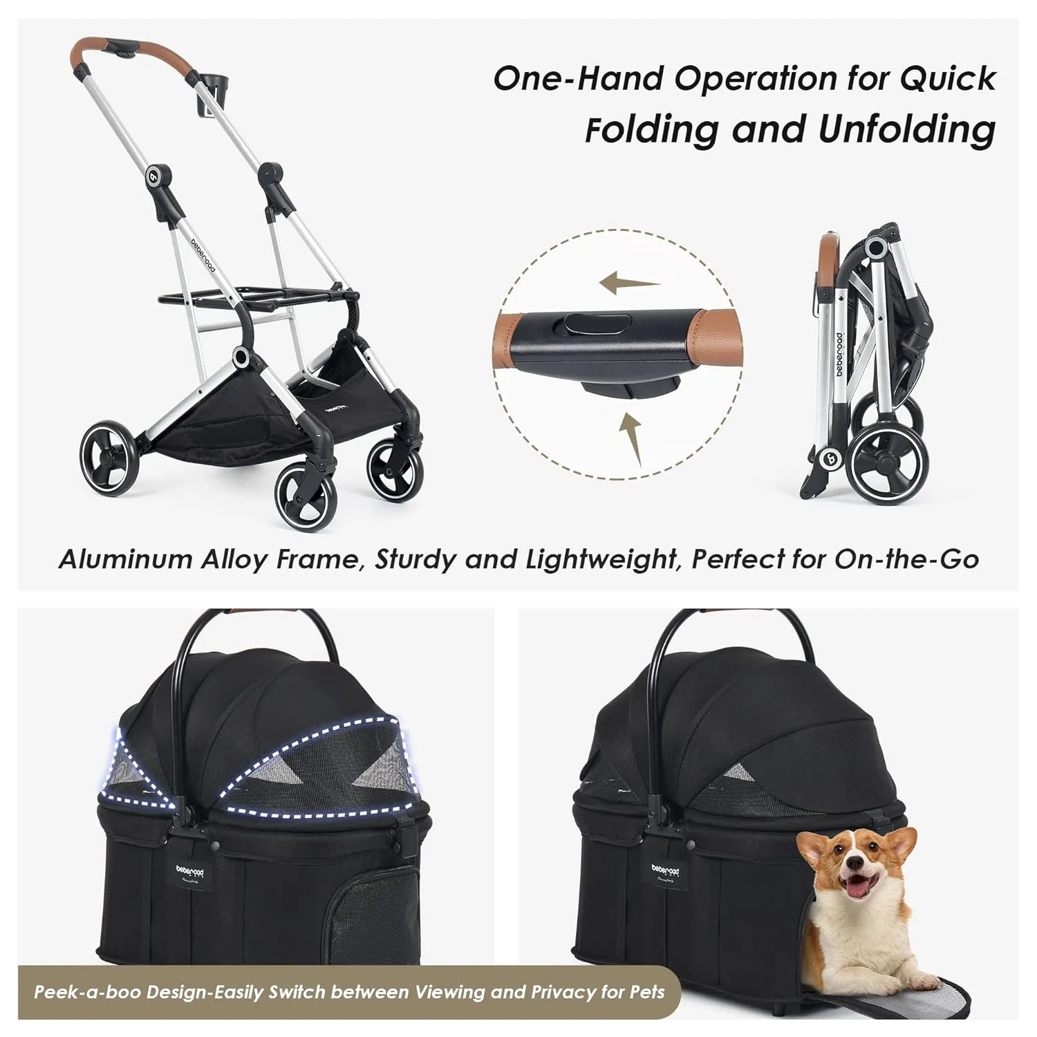 T3 Pro 3 in 1 Small Pet Stroller for Dog & Cats, 4 Wheels with Detachable Carrier with Pad, Canopy and Cup Holder, Black