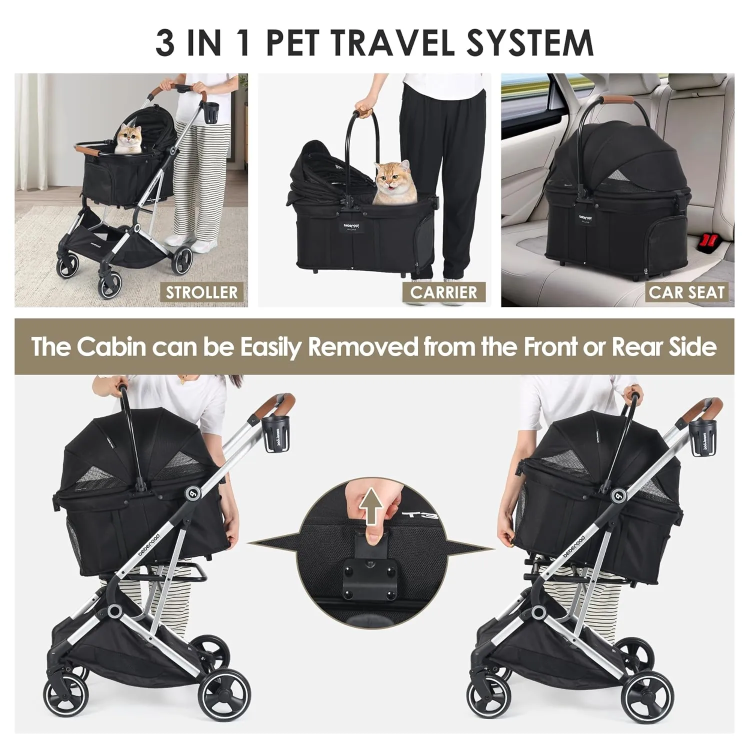 T3 Pro 3 in 1 Small Pet Stroller for Dog & Cats, 4 Wheels with Detachable Carrier with Pad, Canopy and Cup Holder, Black