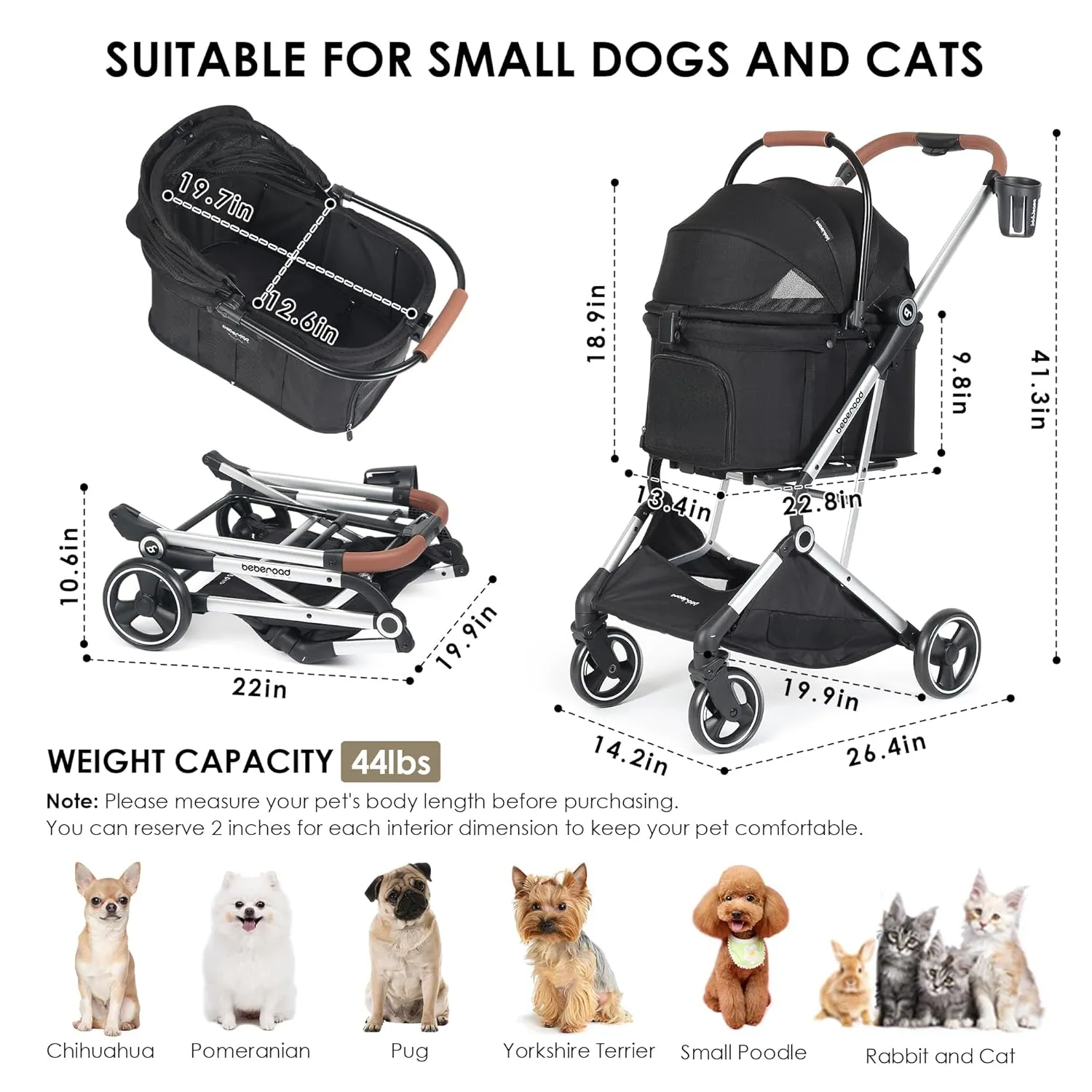 T3 Pro 3 in 1 Small Pet Stroller for Dog & Cats, 4 Wheels with Detachable Carrier with Pad, Canopy and Cup Holder, Black