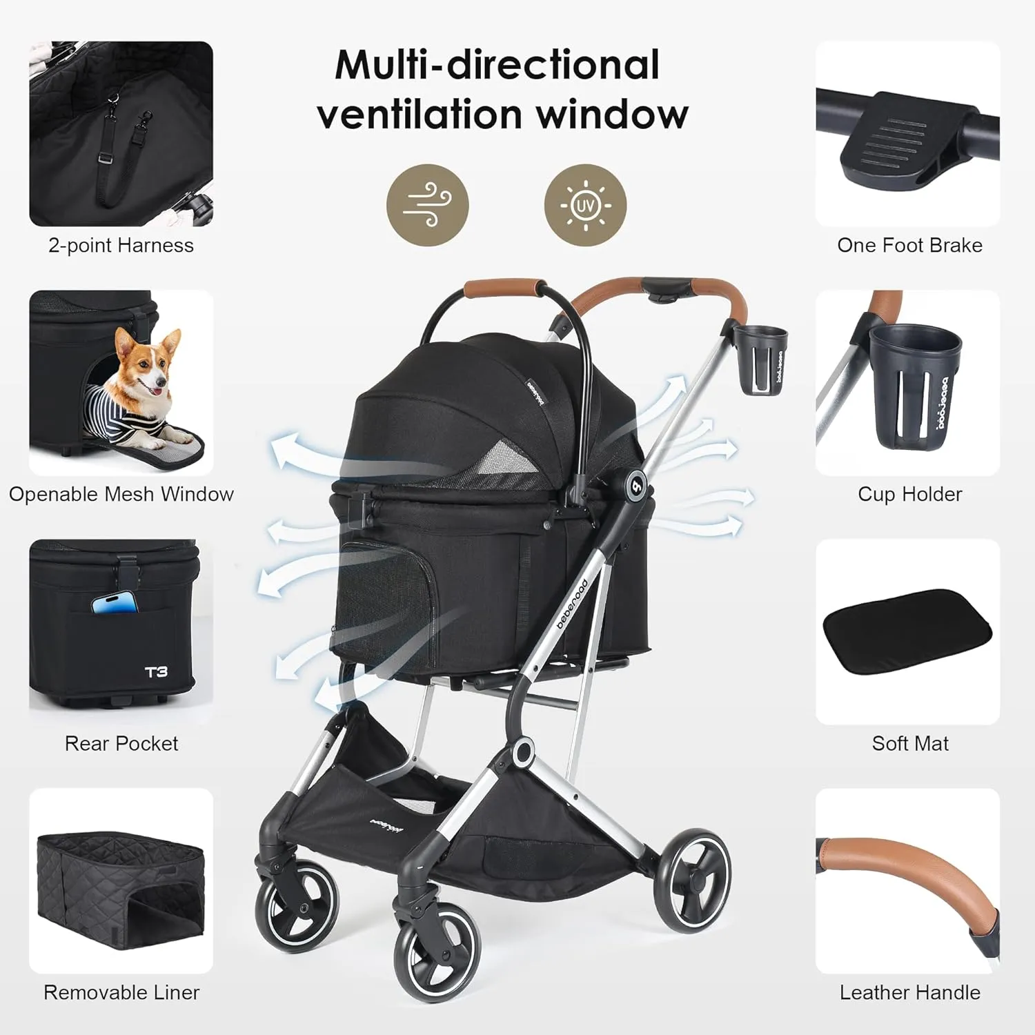 T3 Pro 3 in 1 Small Pet Stroller for Dog & Cats, 4 Wheels with Detachable Carrier with Pad, Canopy and Cup Holder, Black